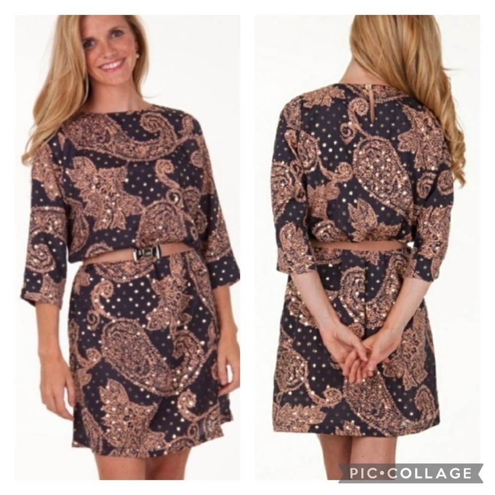 Tracy Negoshian NWT Lela Paisley Dot Dress Size Small Navy Goldโ Shift